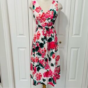 Calvin Klein Pink & White Floral V-Neck Midi Dress with Belt